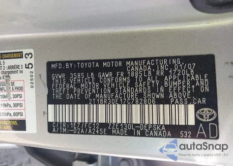 2007 Toyota Corolla S from USA, damaged, VIN 2T1BR30E17C782806